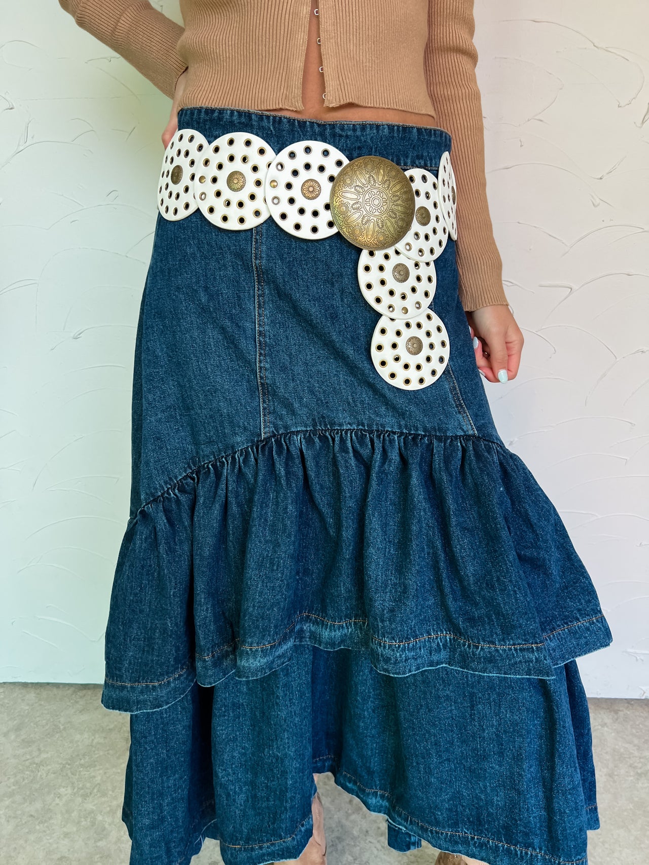 Ava Leather Disc Belt- White