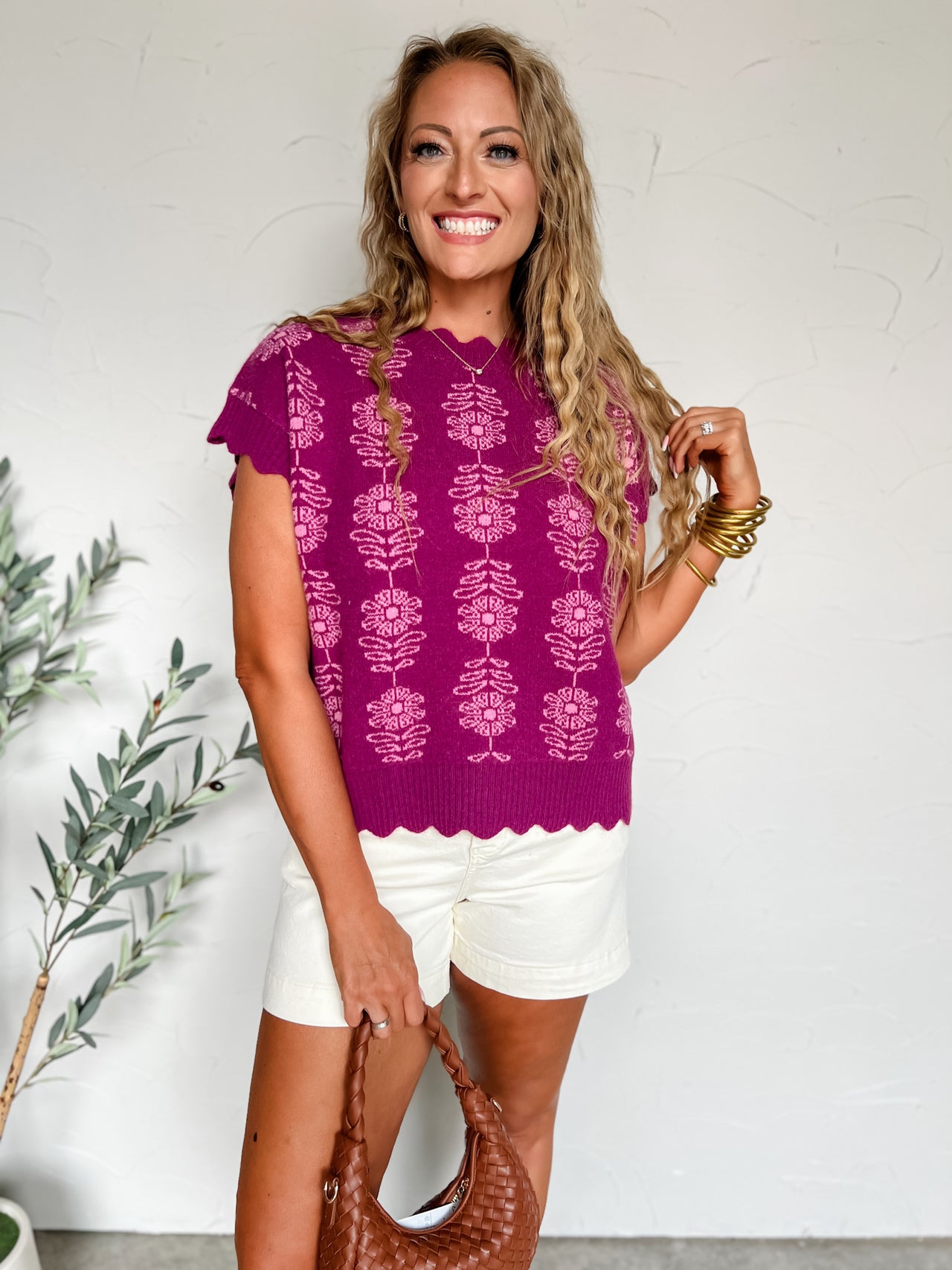 Wish You Were Here Flower Scalloped Neck Top