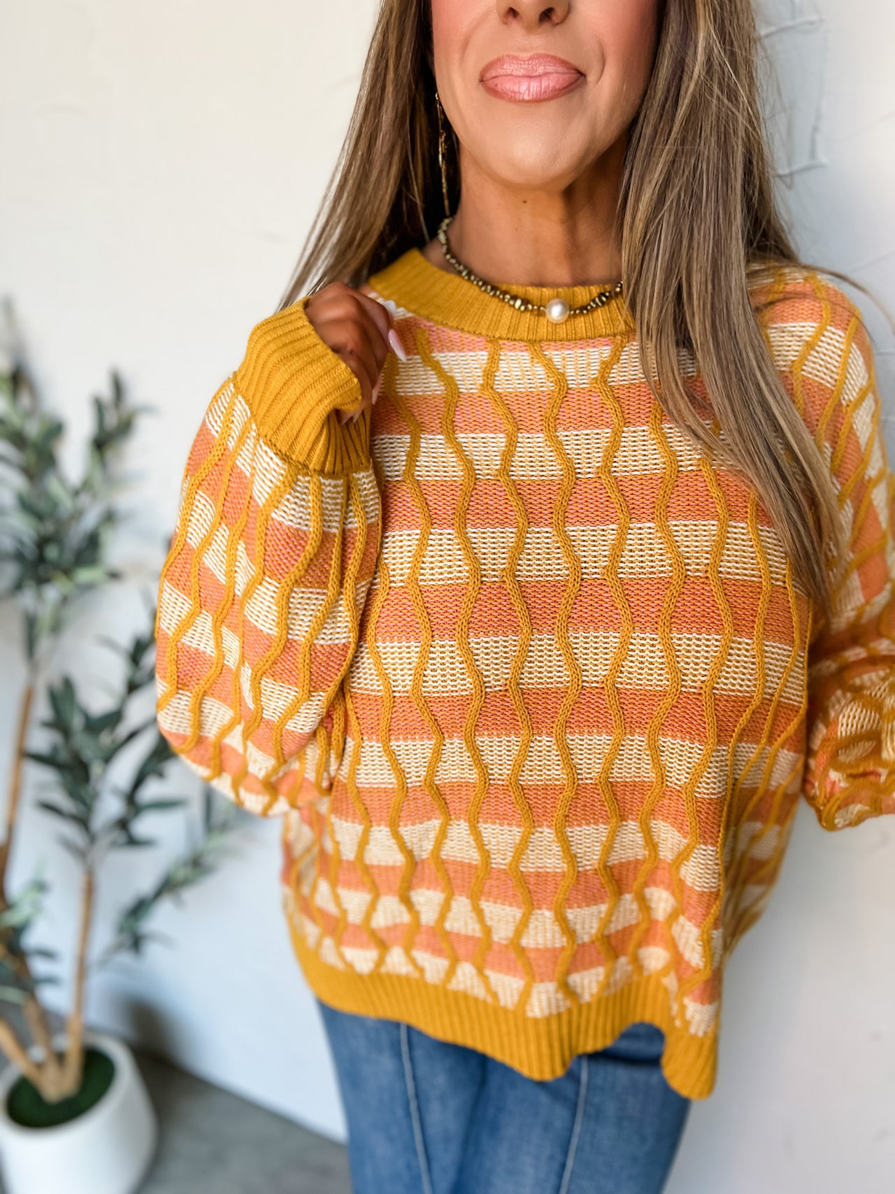 Playful Banter Geometric Crew Neck Top- Mustard