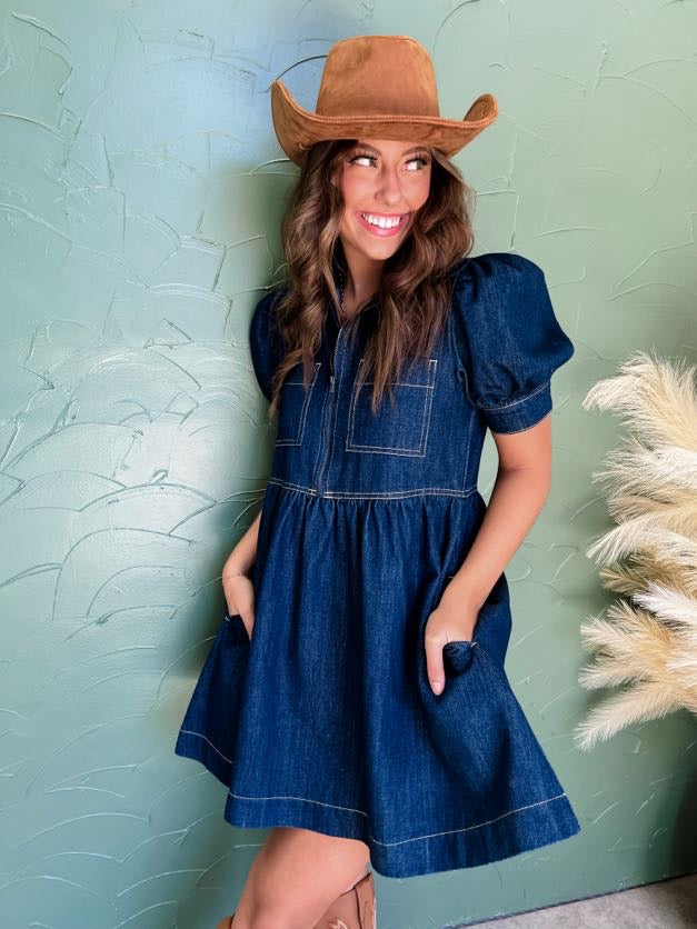 That's Crazy Talk Puff Sleeve Denim Dress