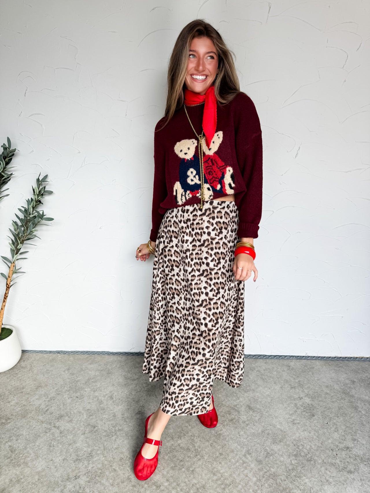 Twin Teddy Bear Pullover Sweater- Burgundy