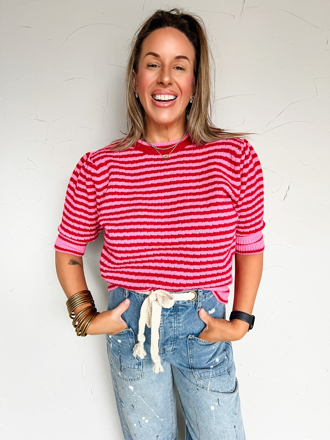 Give Me The Truth Striped Pointelle Sweater- Red/Pink