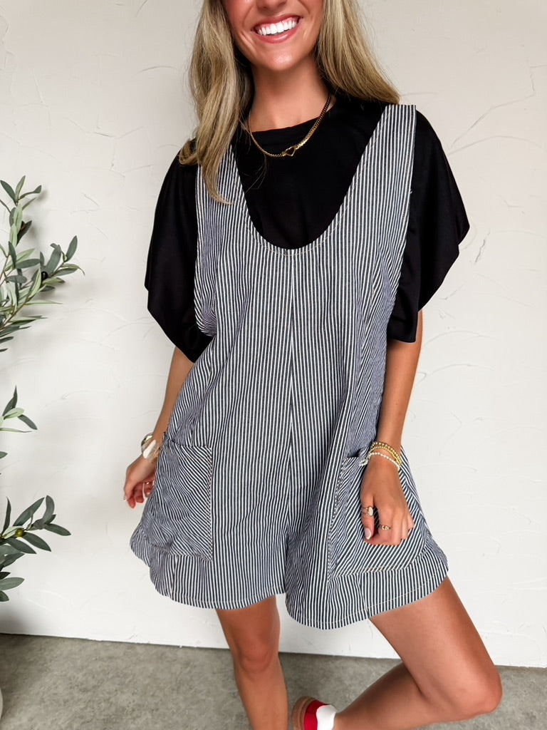 Ready For Action Striped Overall Romper- Black