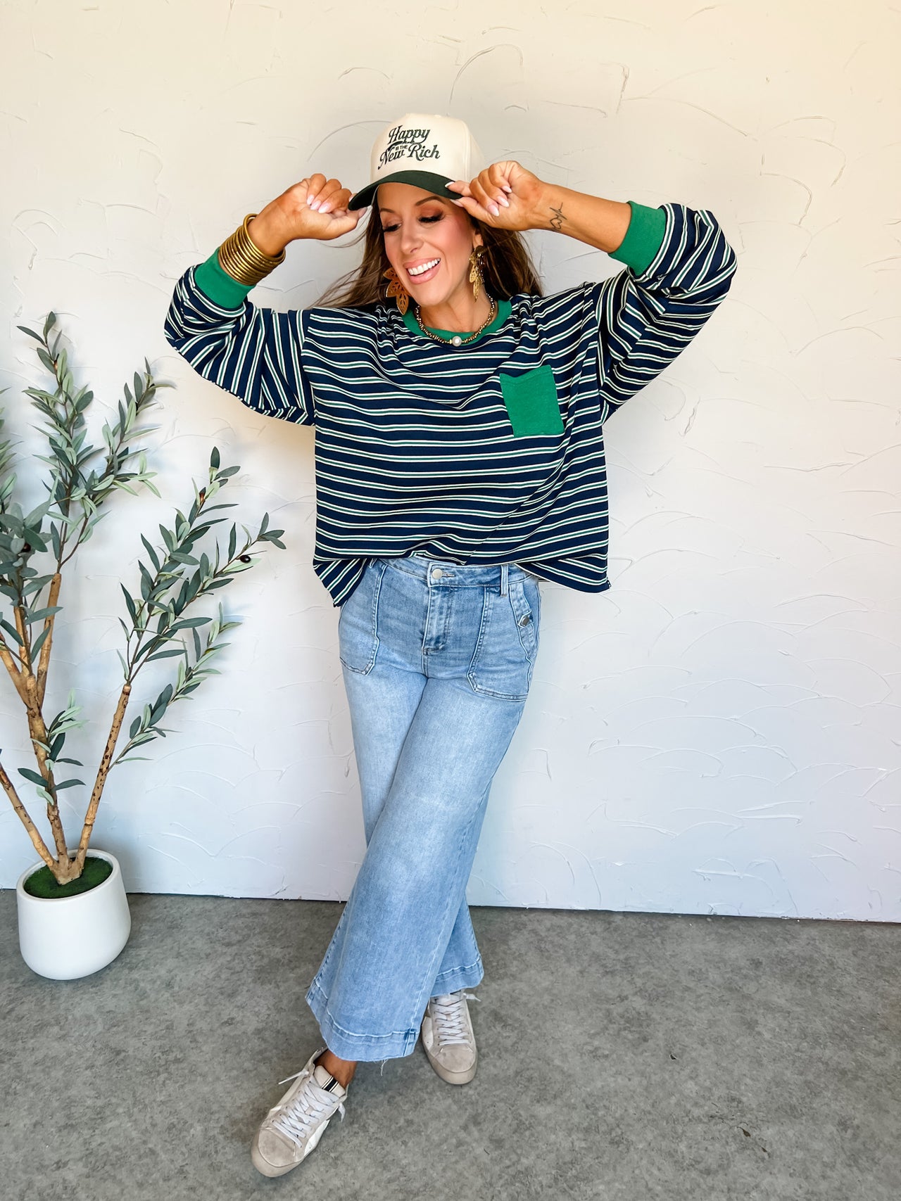 A Balancing Act Striped Crew Neck Top- Navy/Green
