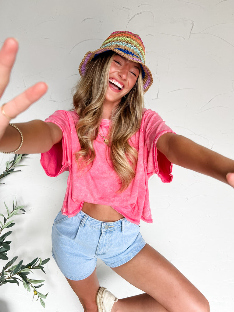 She's The Real Deal Acid Wash Cropped Tee- Fuchsia
