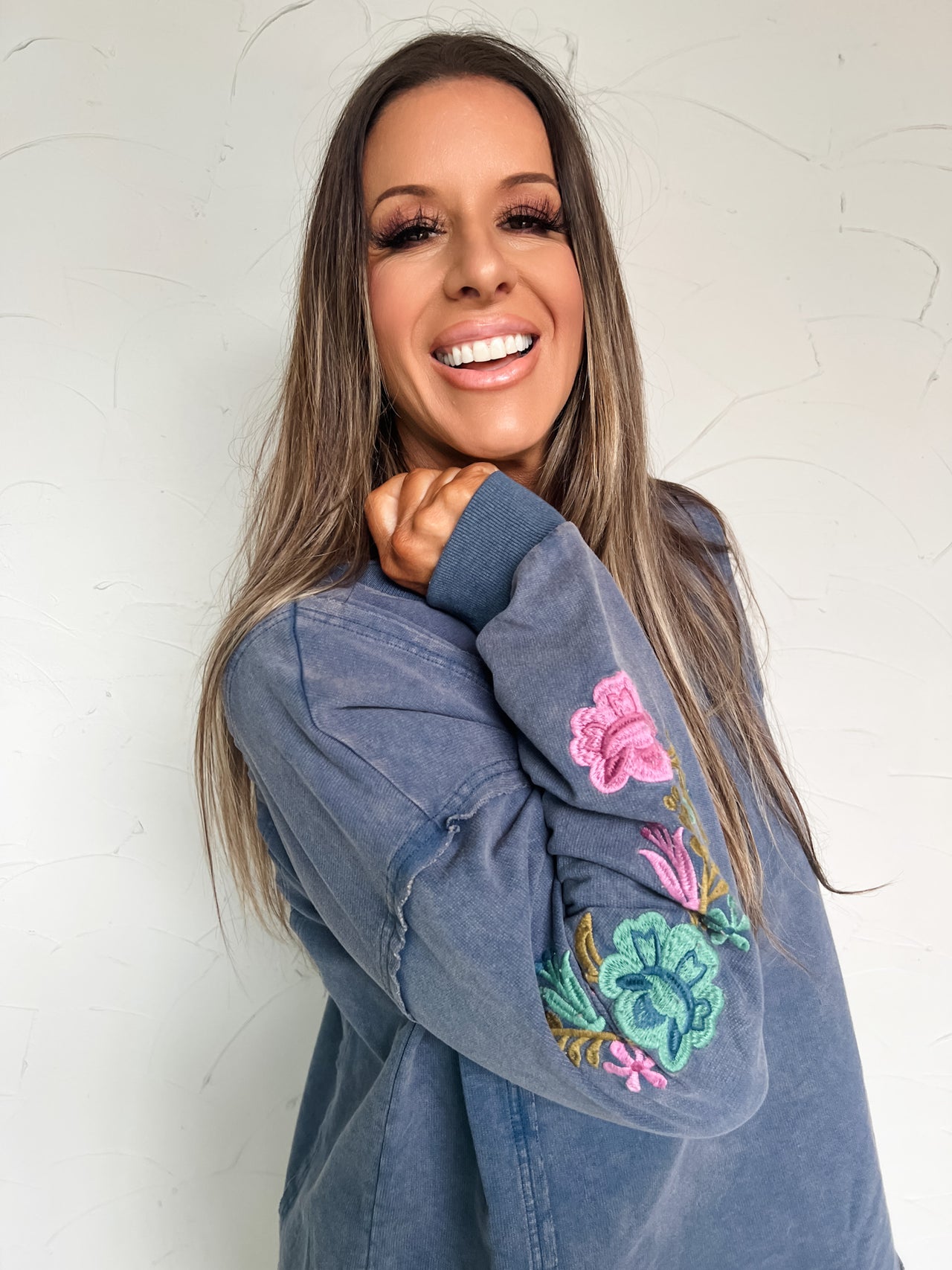 Just A Theory Floral Embroidered Mineral Wash Top