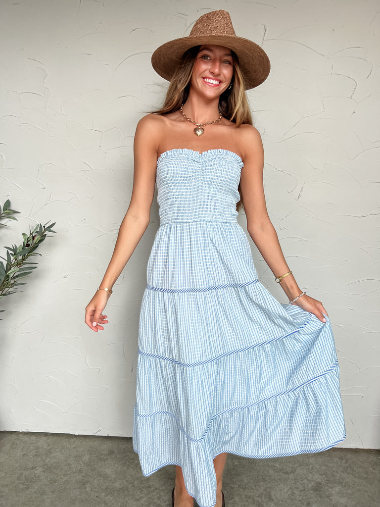 In My Prime Gingham Strapless Tiered Maxi Dress