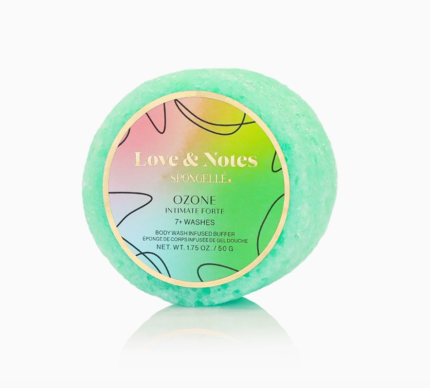 Green spongelle with 'Love & Notes' label on a white background