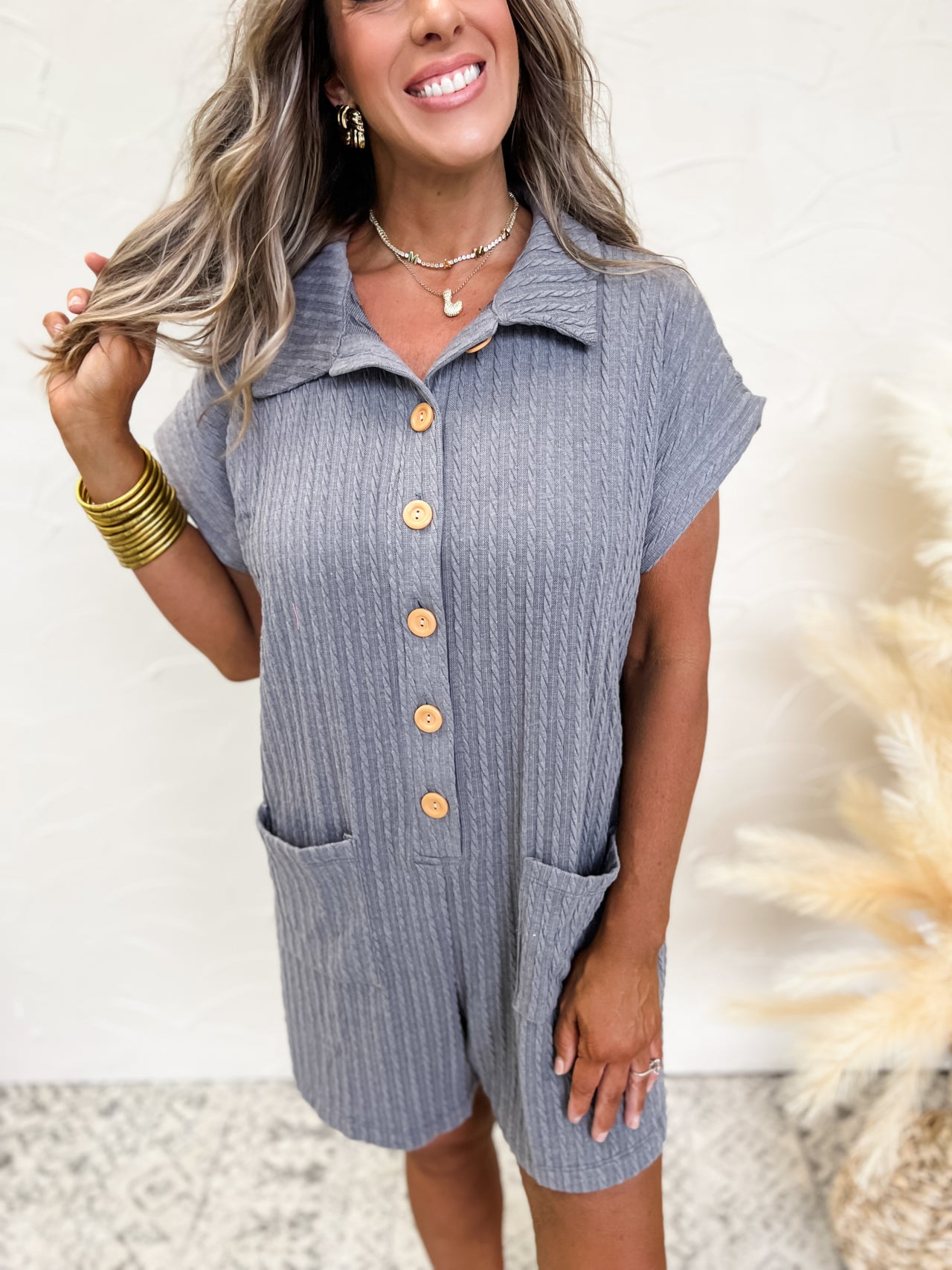 Willing To Bet Embroidered Romper- Charcoal