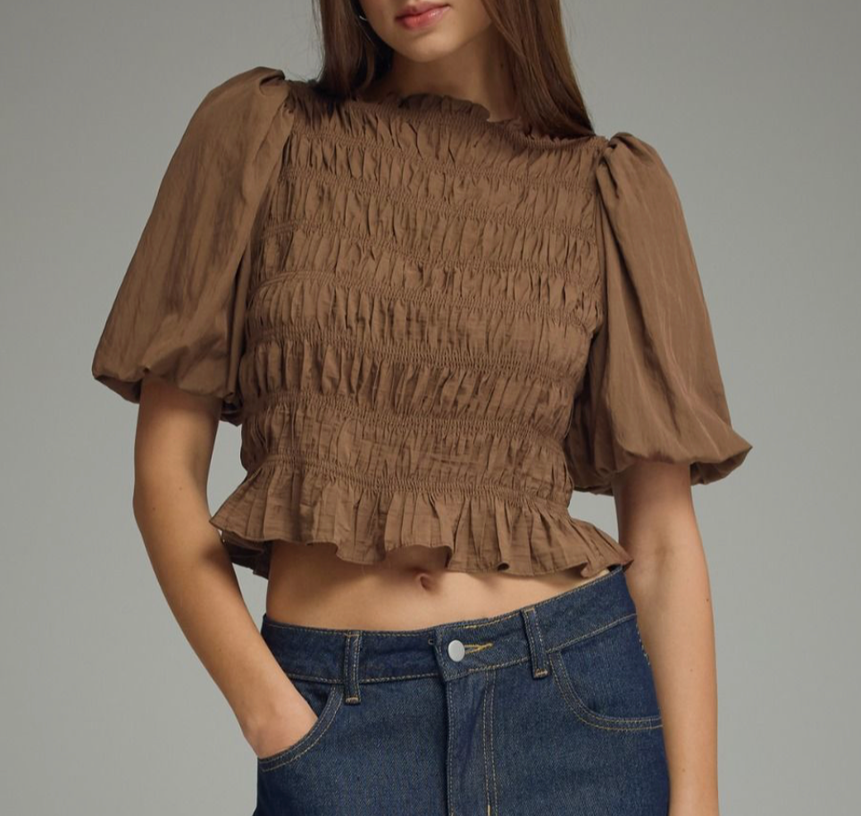 Give Me The Credit Smocked Bodice Cropped Top- Black