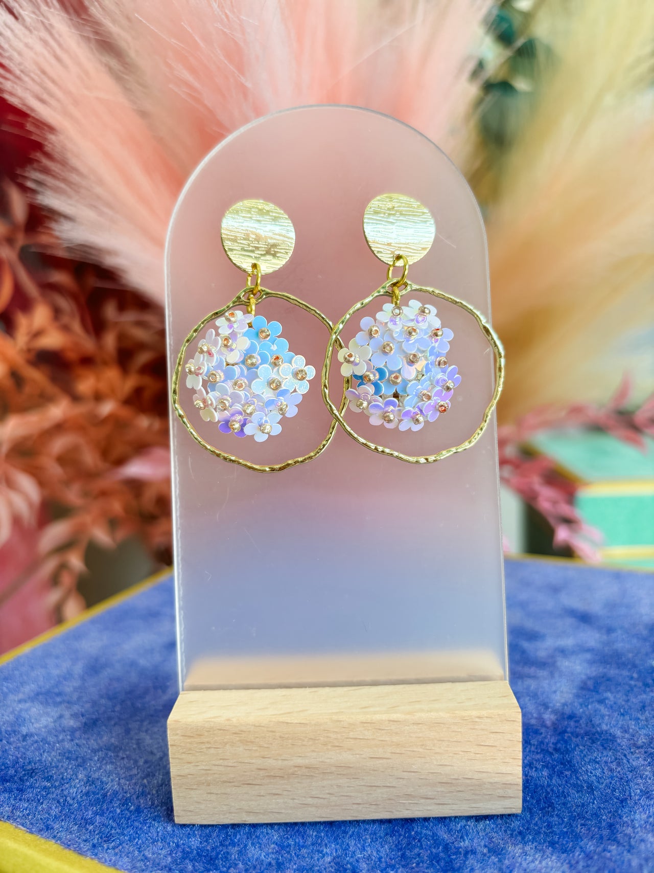Holographic Flower Bouquet- Open Gold Circle Earrings