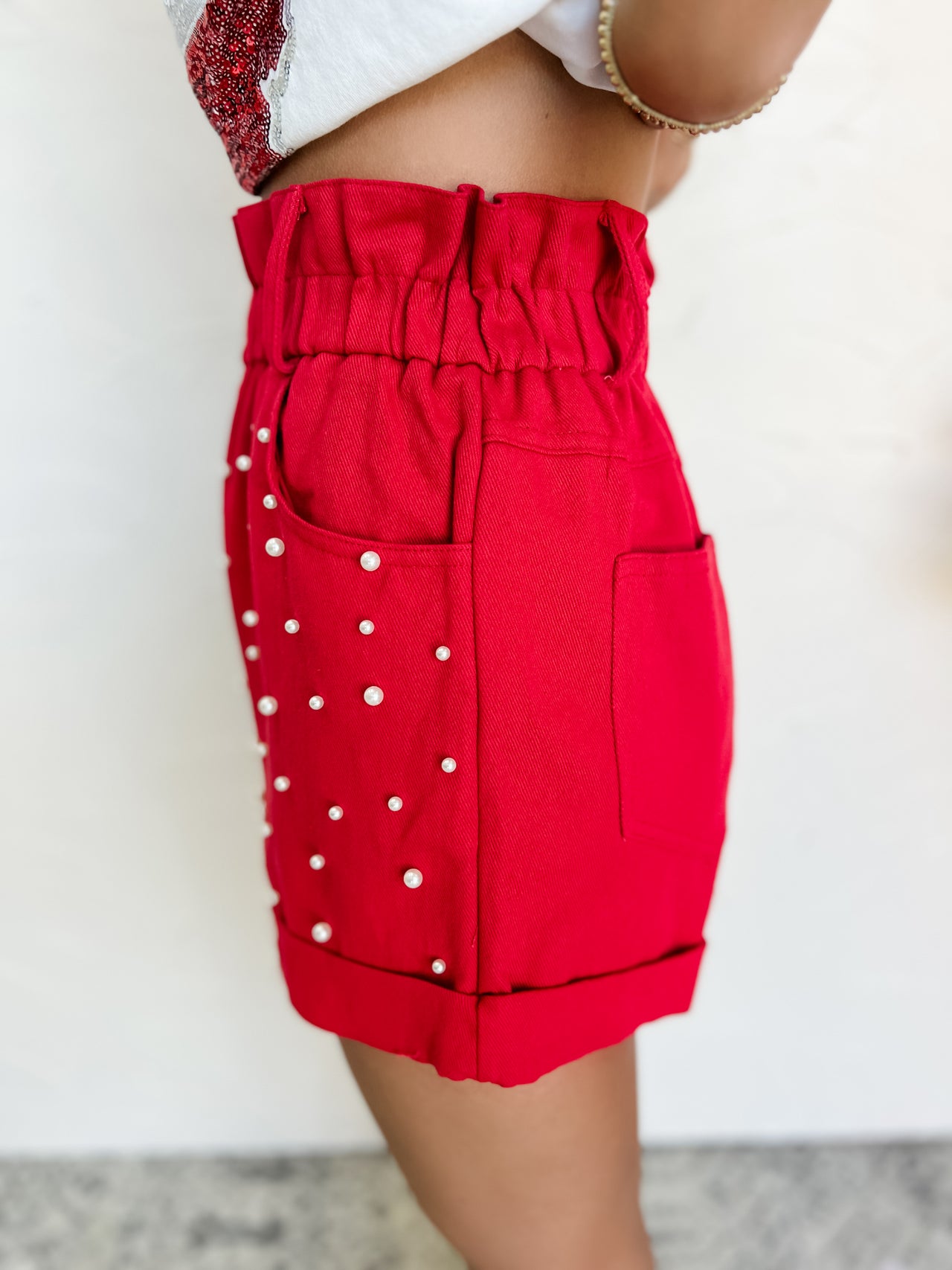 Red Twill Paperbag Pearl Trim Shorts