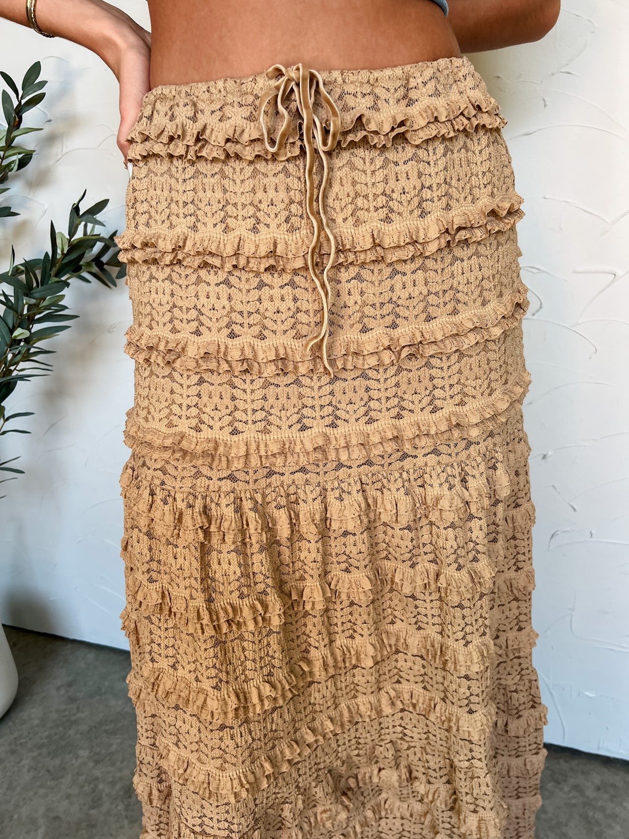 Lovely Moments Layered Lace Midi Skirt- Mocha