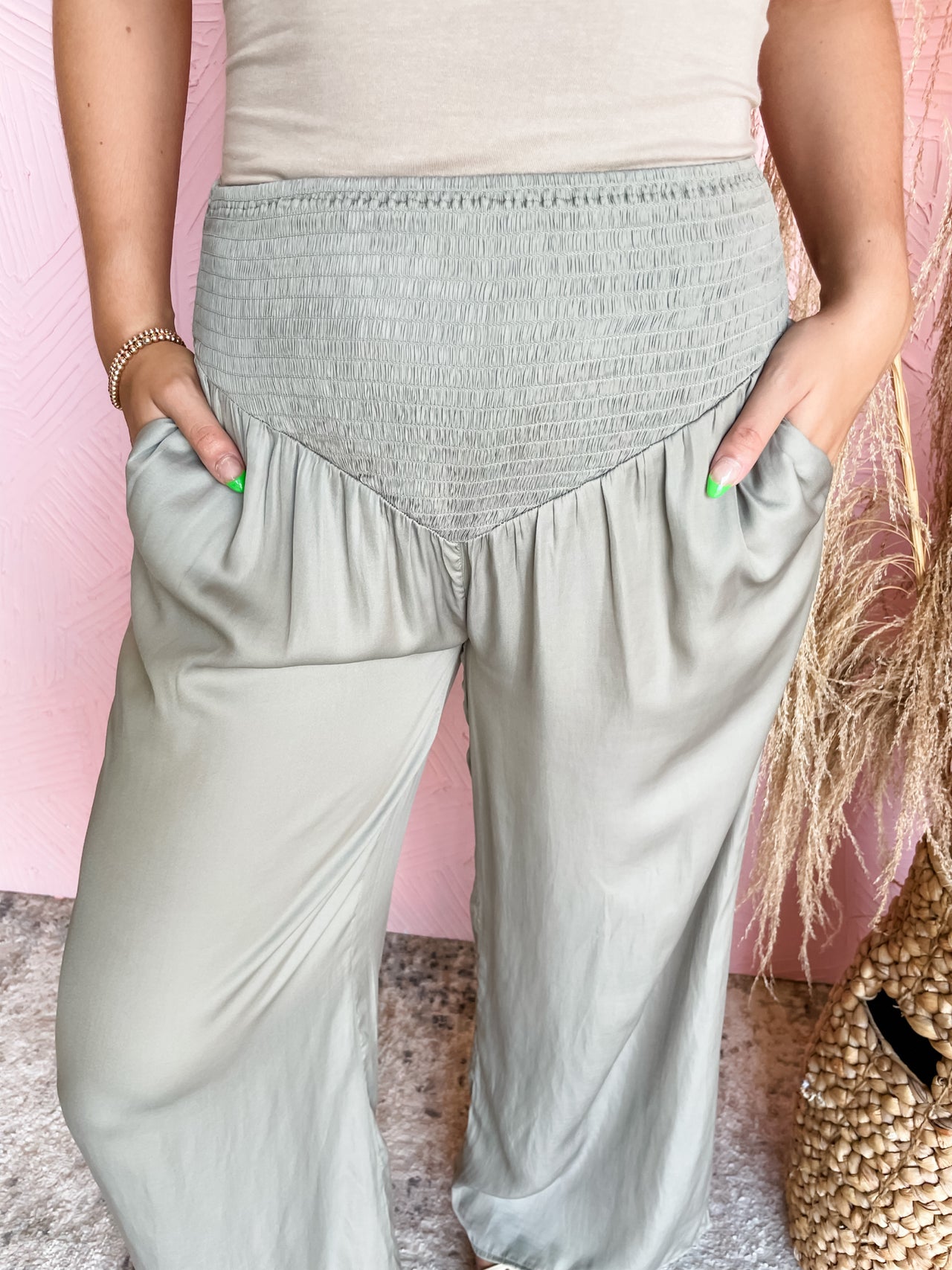 Letting Go Smocked Wide Leg Pants- Sage