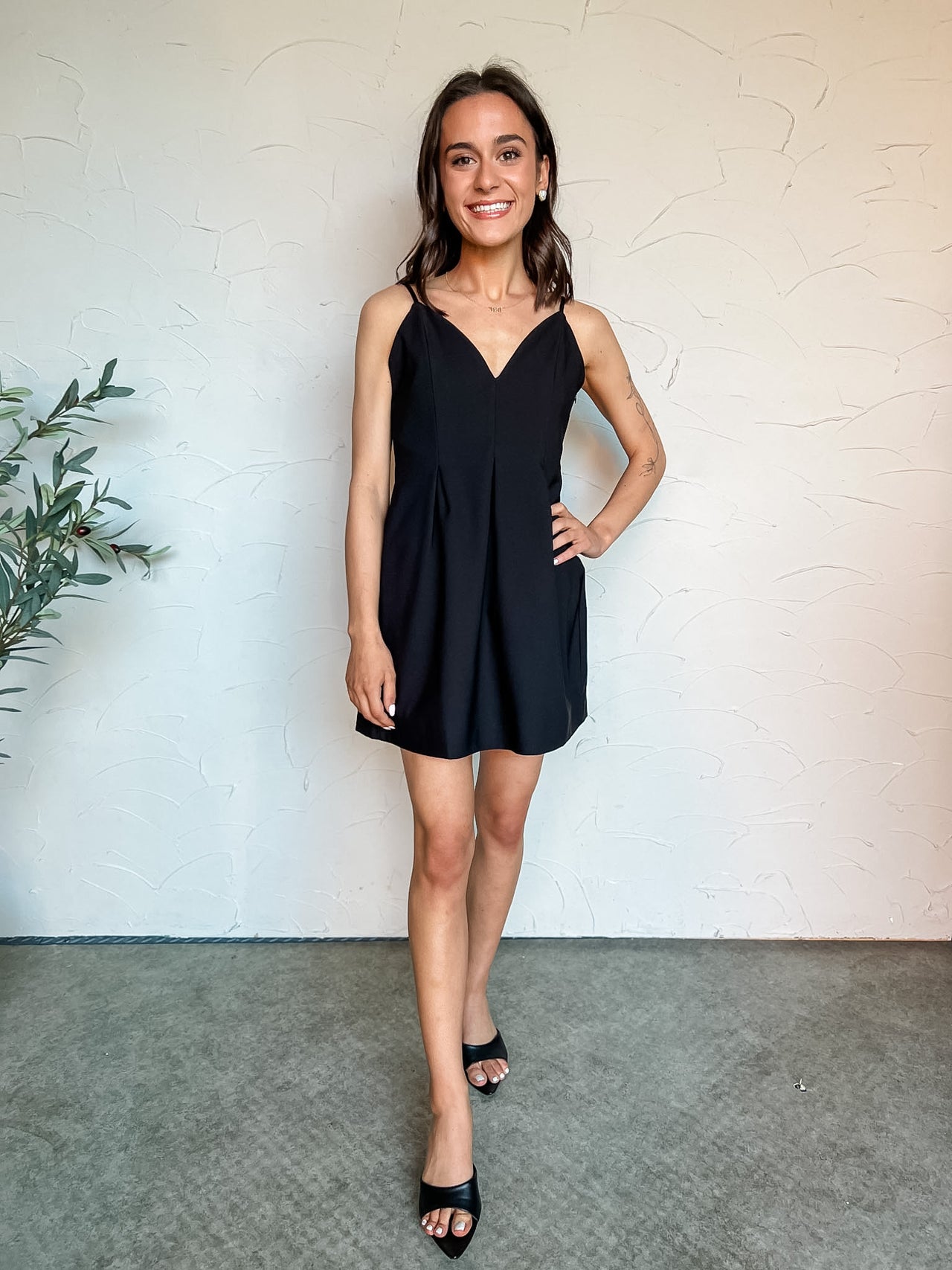 Sweet Intentions Pleated V Neck Mini Dress- Black