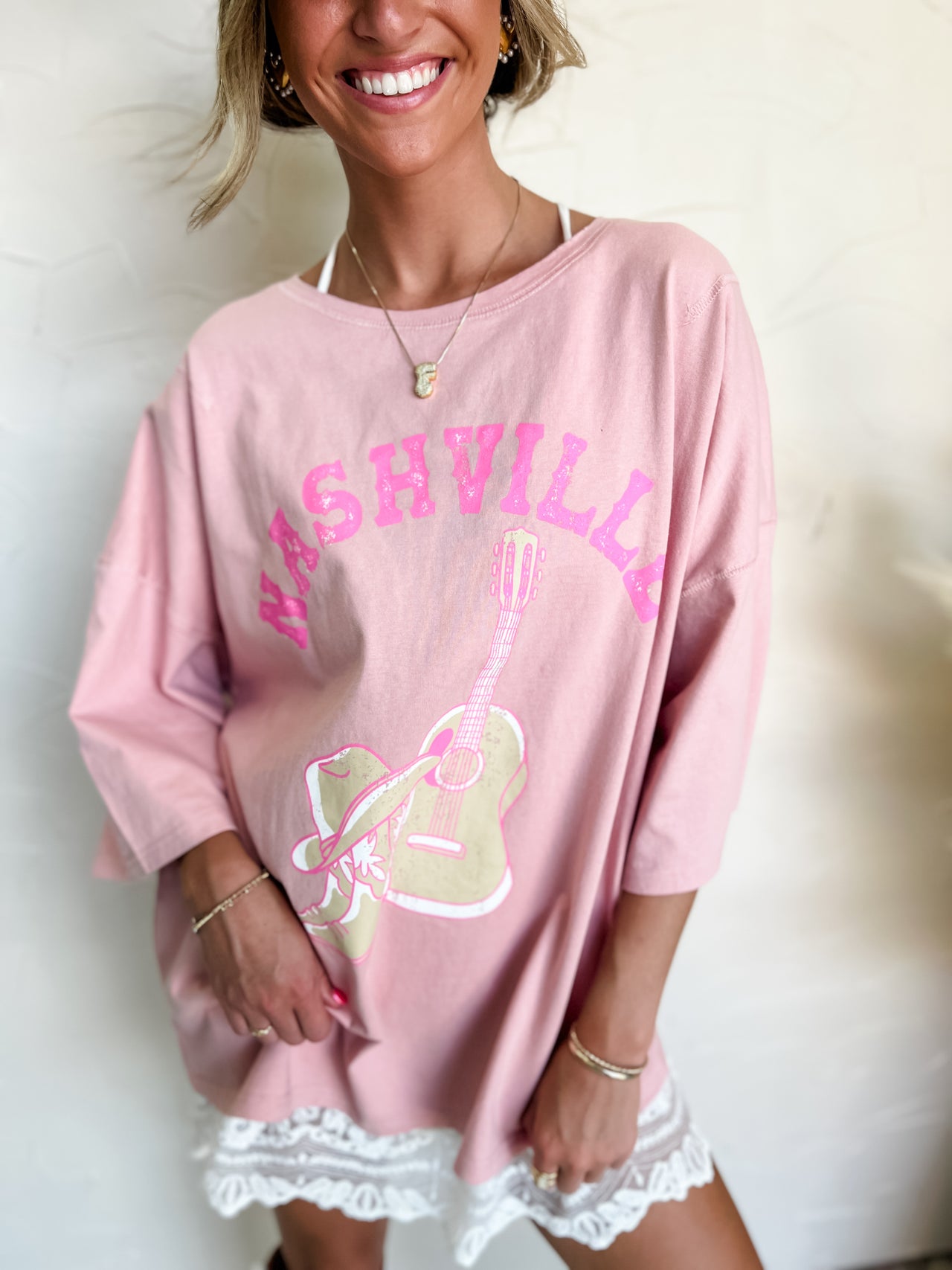 Nashville Guitar & Boots Oversized Tee- Dusty Pink