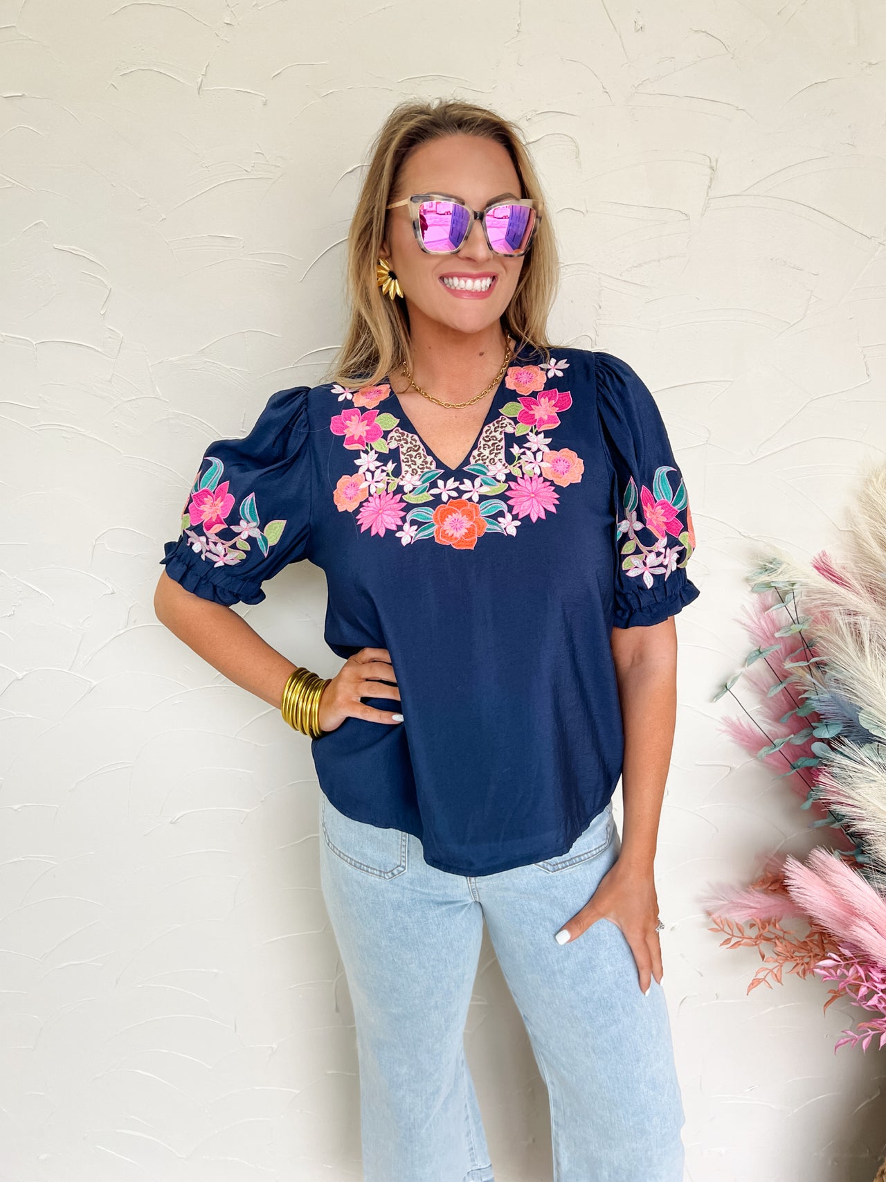 {THML} Raise Your Expectations Embroidered Top- Navy