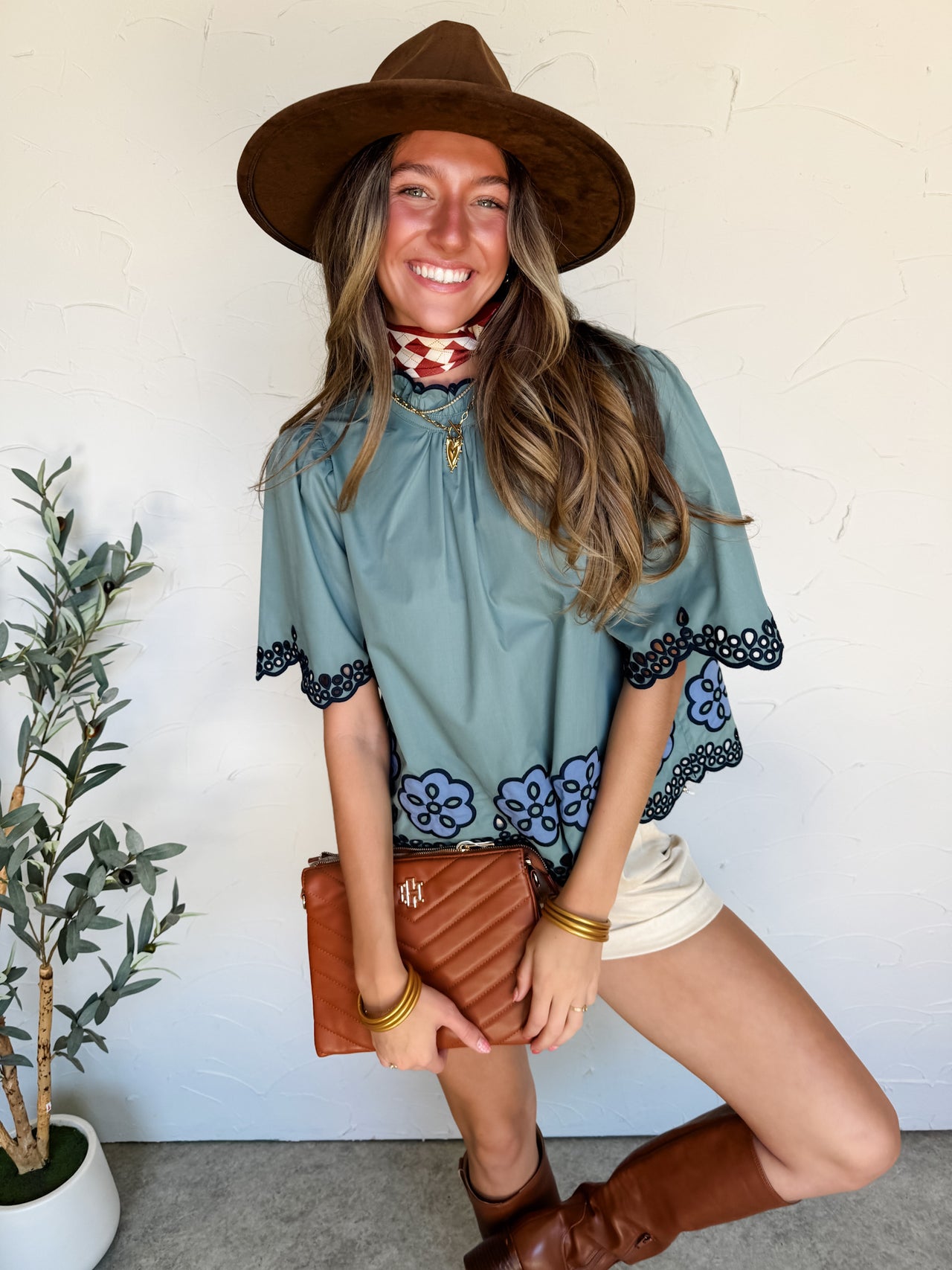 Make Me Smile Scalloped Hem Top- Sage