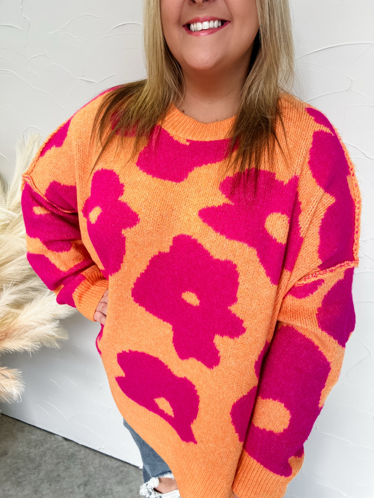 Circle Of Friends Floral Loose Fit Sweater- Orange/Fuchsia