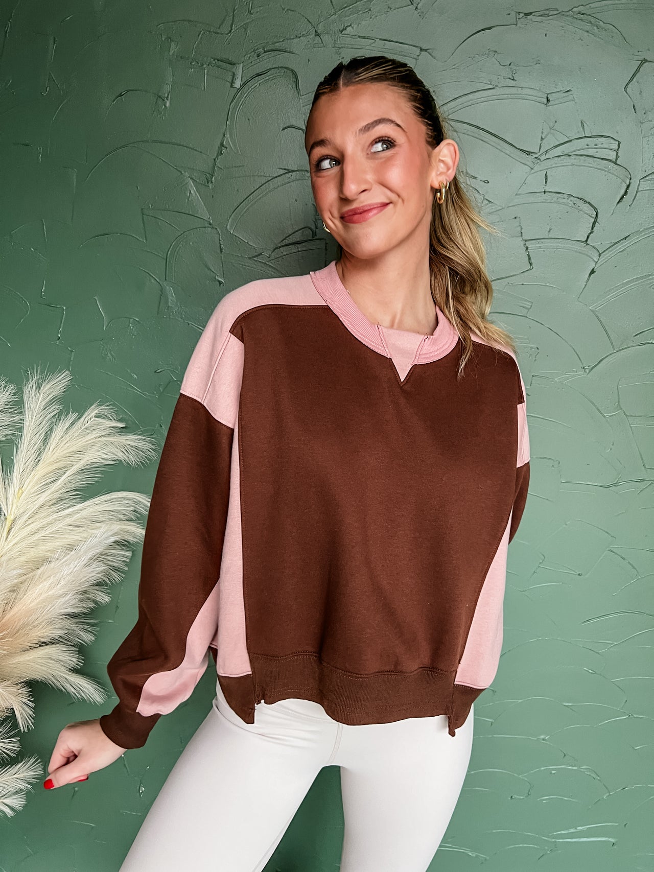 Dancing Queen Pullover With Asymmetrical Hemline- Brown/Pink