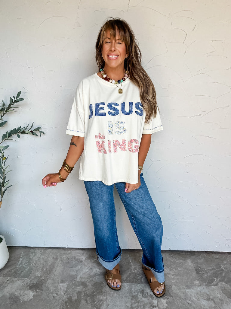 Jesus Is King Letter Patchwork Top- Ivory