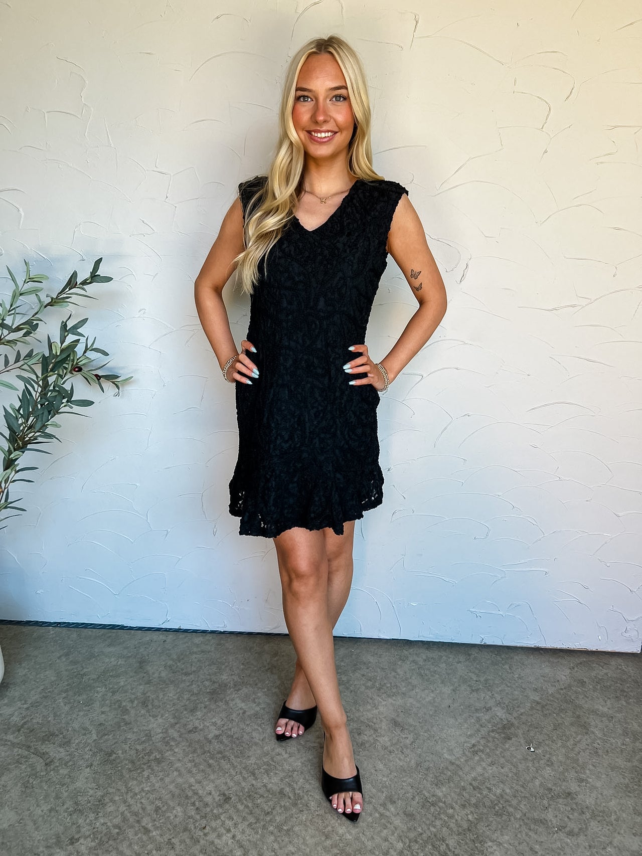 One Step Ahead Pleated Skirt Hem Dress- Black