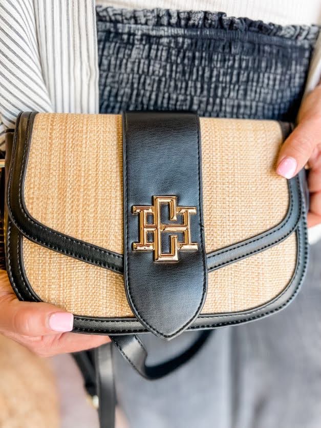 Griffin Gold Straw Crossbody Bag