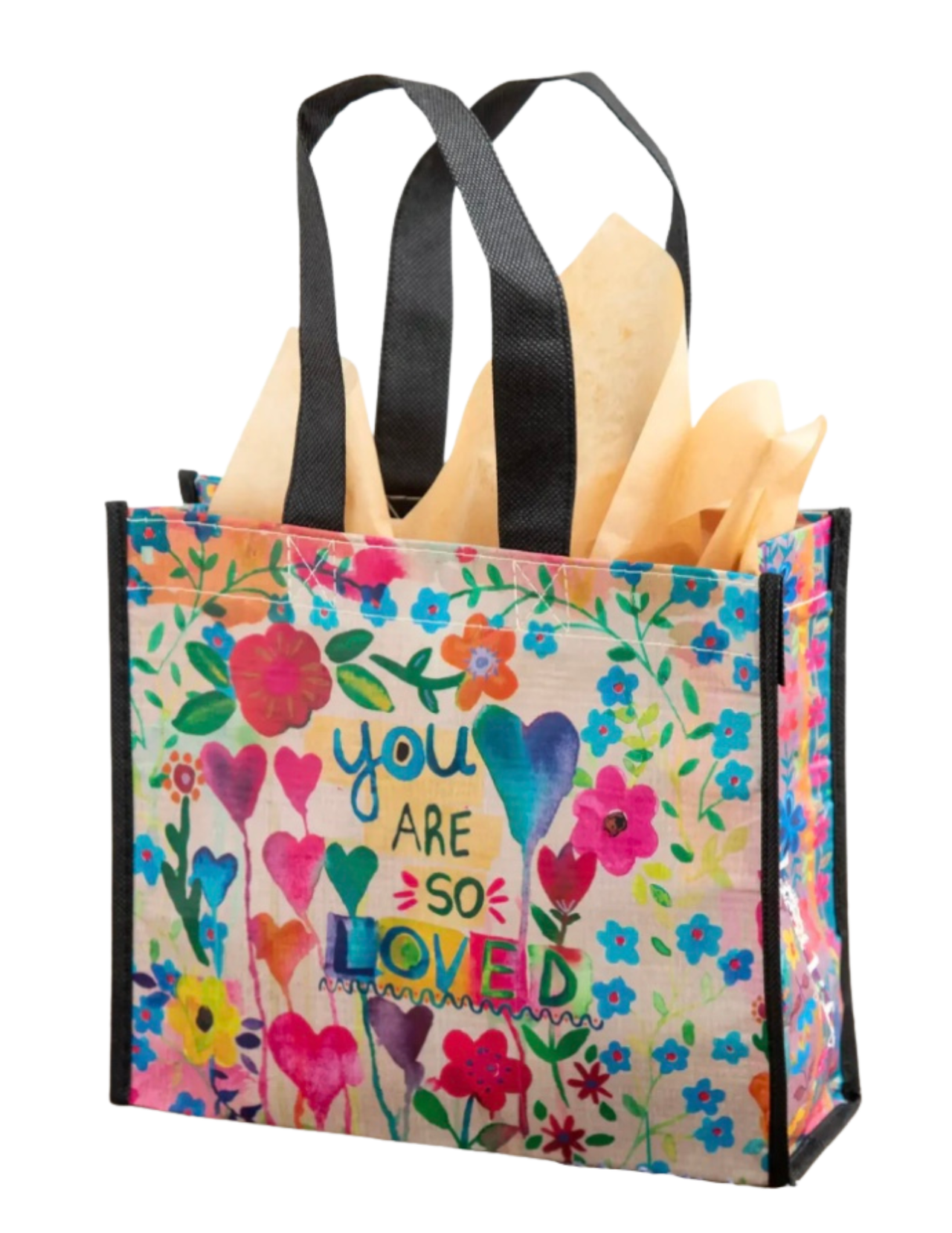 Colorful tote bag with floral design and text 'You are so loved' on a white background