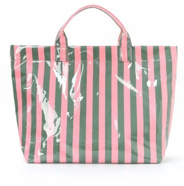 Striped tote vinyl bag with pink and green vertical stripes on a white background