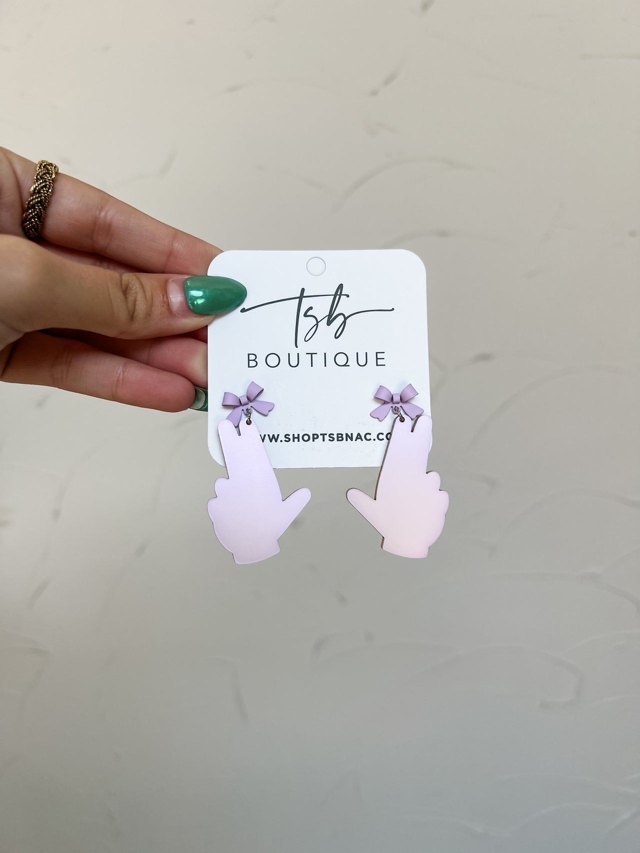 Lavender Bow Axe'em Hand Earrings