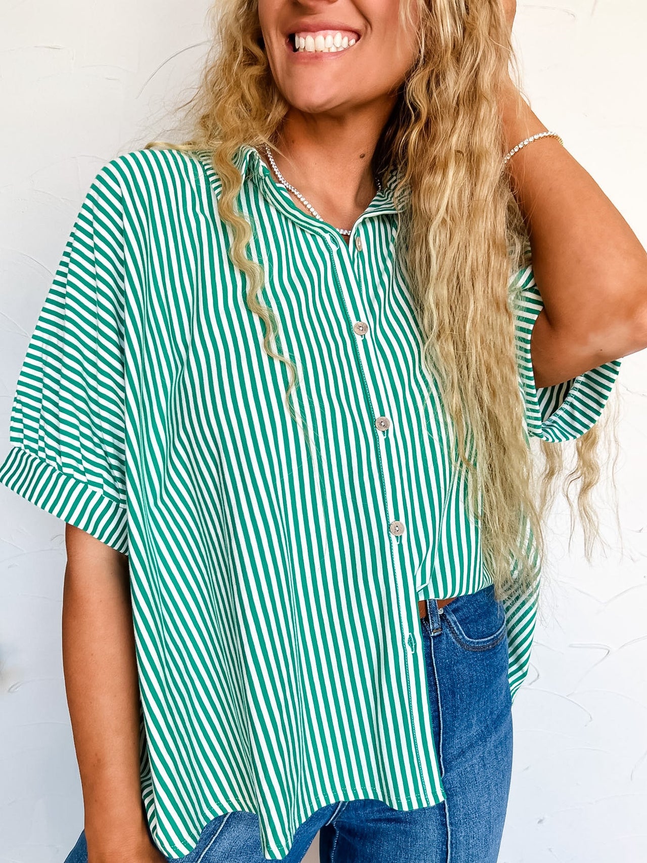 Chance It Together Oversized Stripe Shirt- Kelly Green