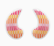 Two crescent-shaped baby teething rings with a colorful striped pattern in pink, orange, yellow, and white, set against a plain white background.