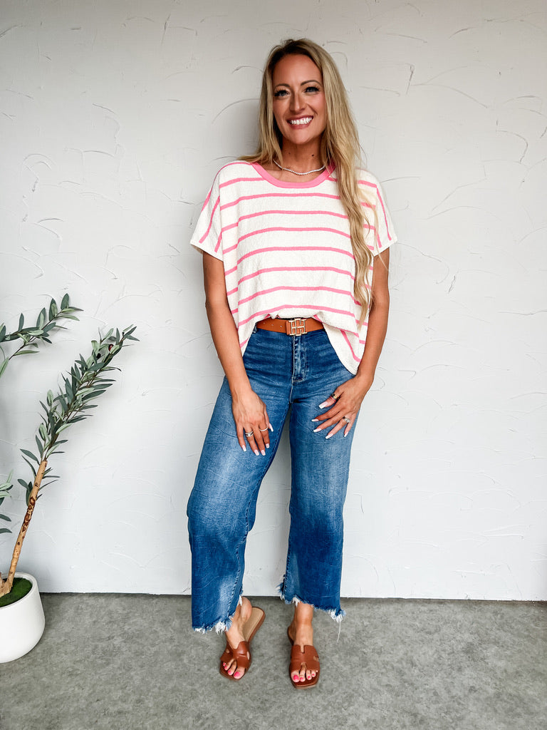 A Good Sign Striped Oversized Knit Top- Rose