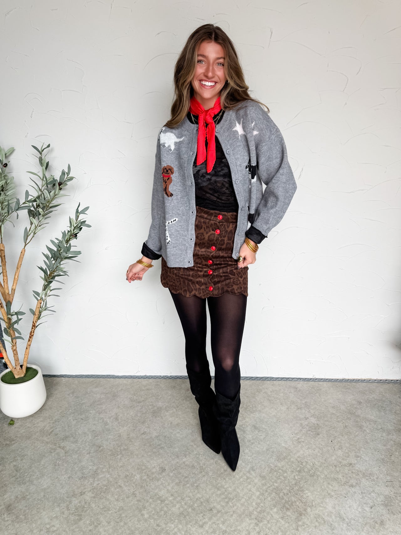 Classic Dog Knit Sweater Cardigan- Grey