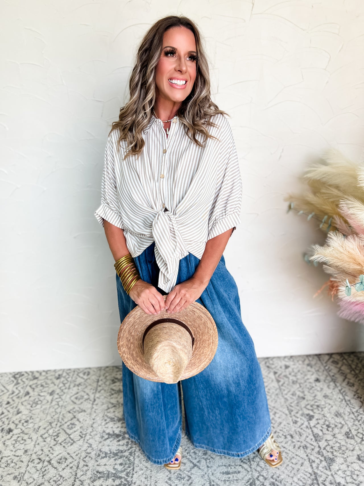 Best Thing In Life Rayon Striped Button Up Top- Taupe