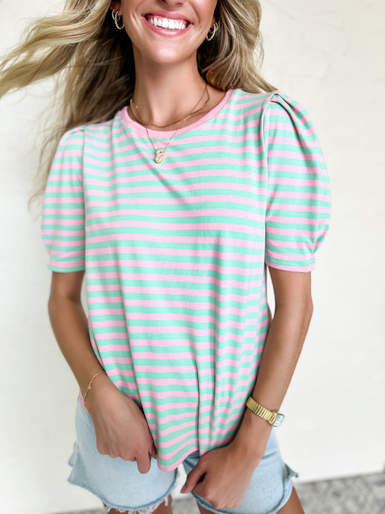 Going That Way Multi Striped Puff Sleeve Top- Candy Pink/Mint