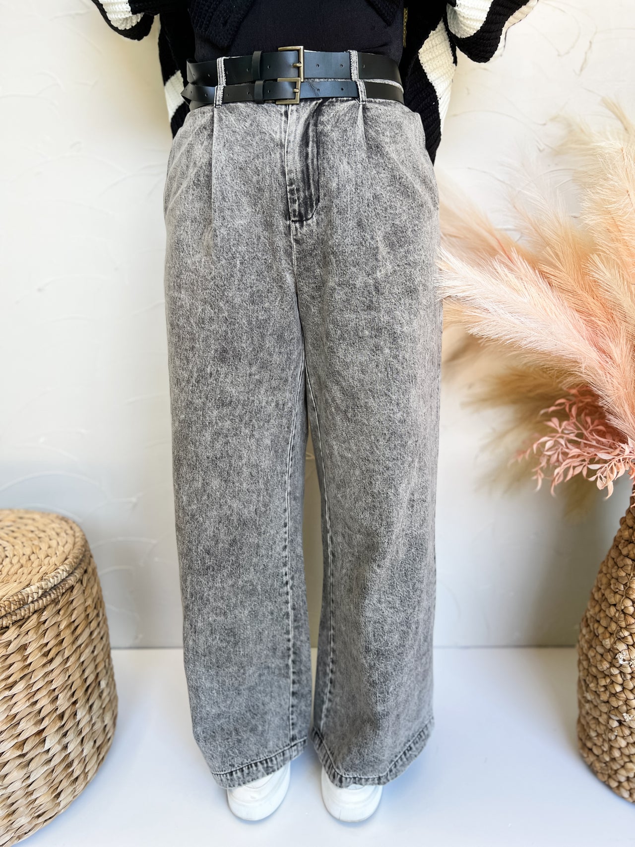 Kinda Cool Washed Wide Leg Pants With Double Belt Detail