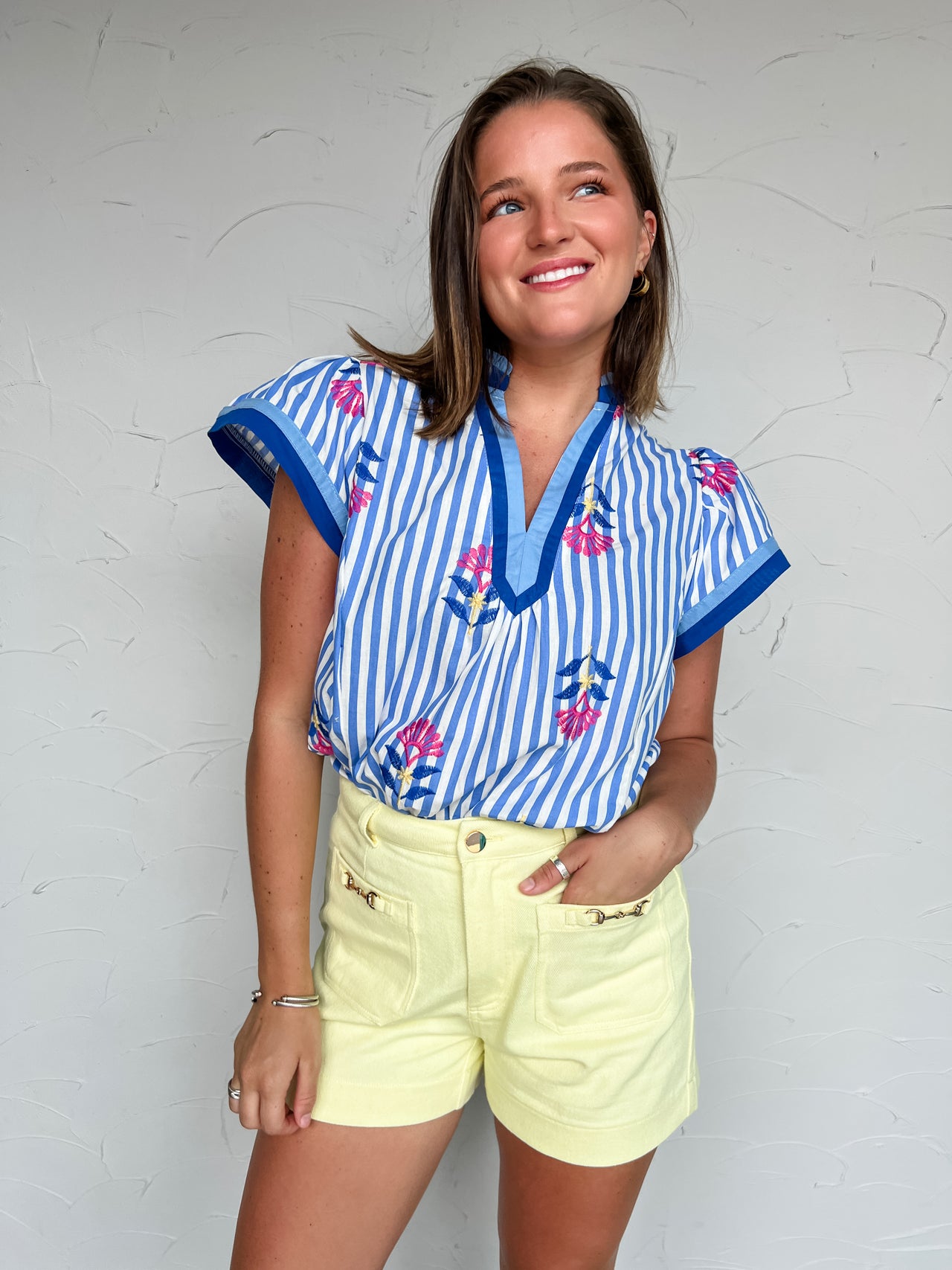 Down To Earth Embroidered Flora Striped Top- Blue