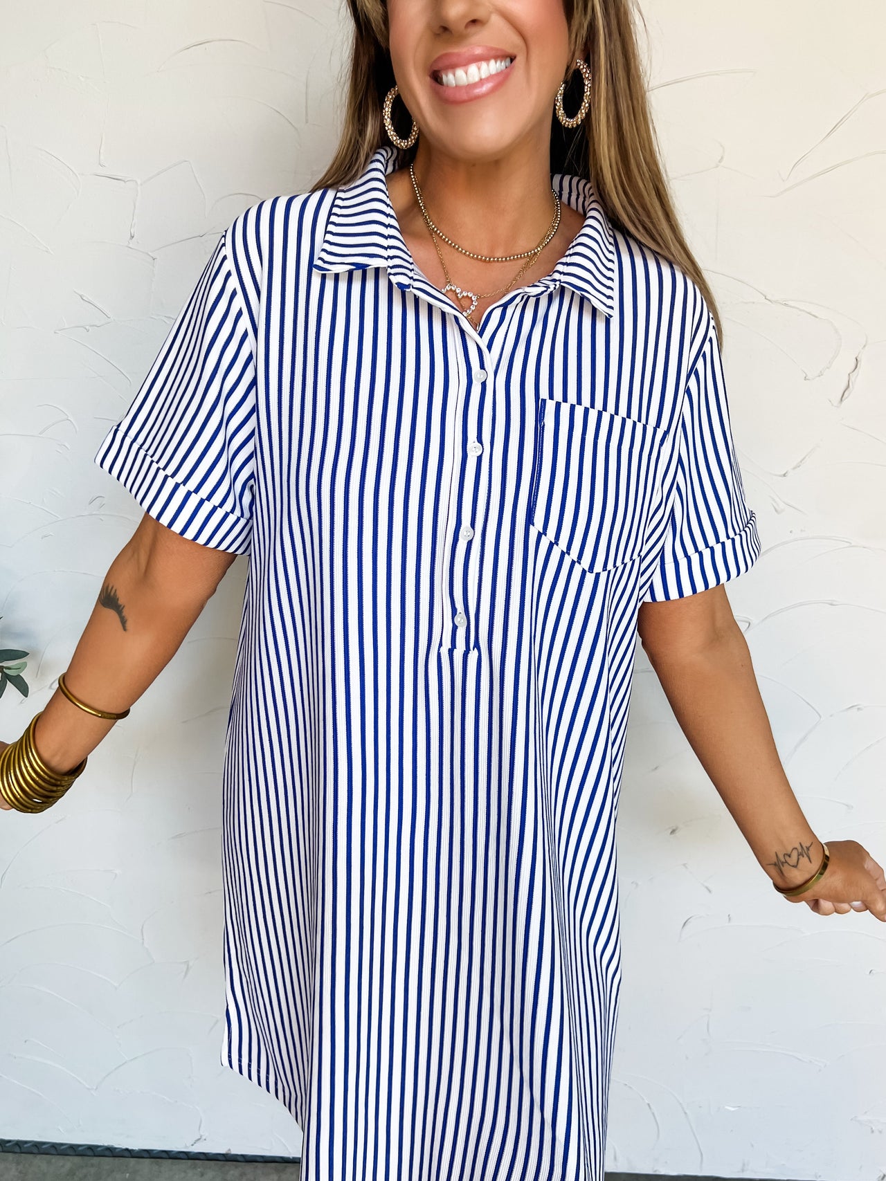 Down Memory Lane Stripe Button Up Shirt Dress- Bright Blue