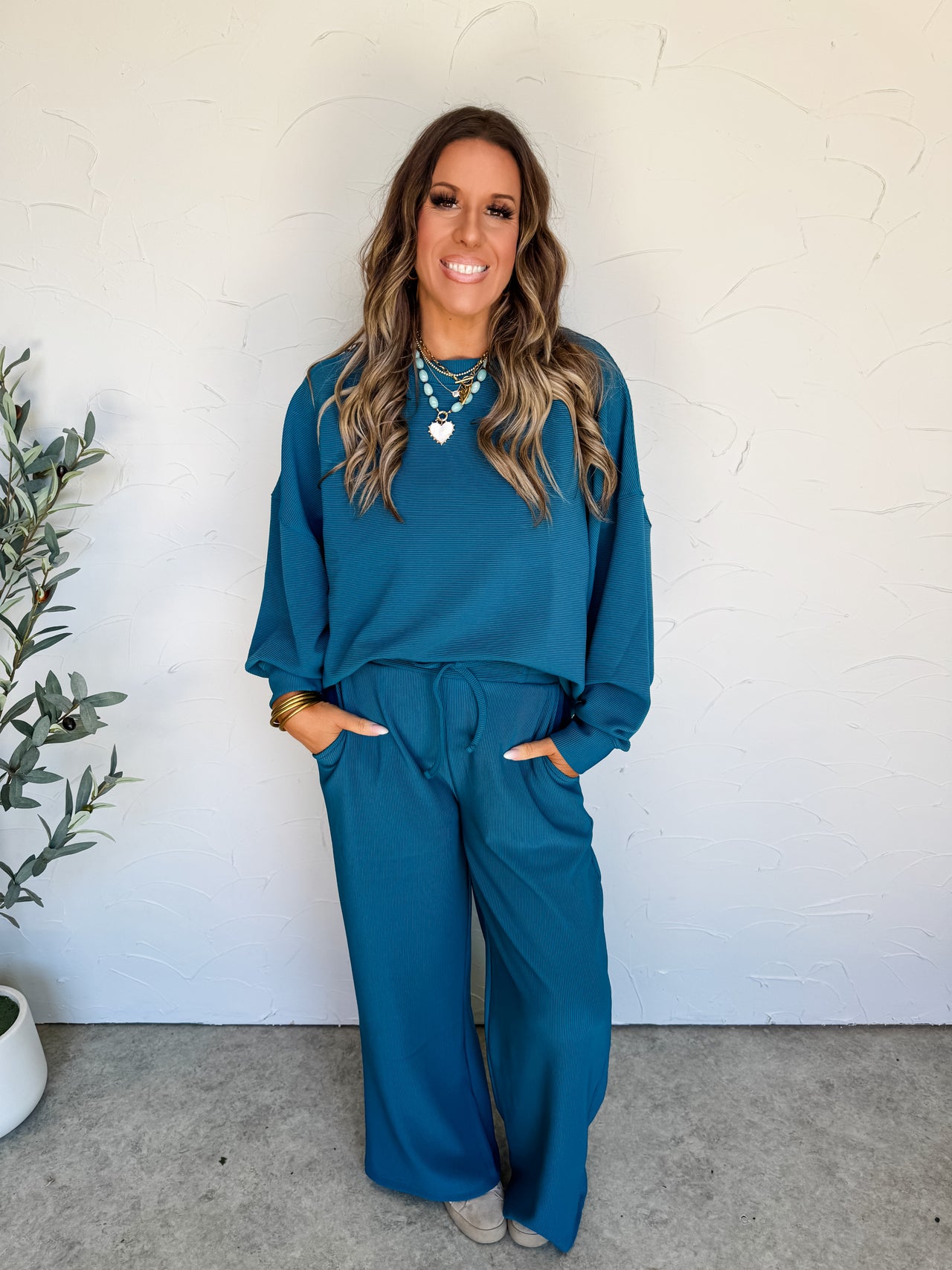 I'll Be Yours Ribbed Knit Lounge Set- Teal