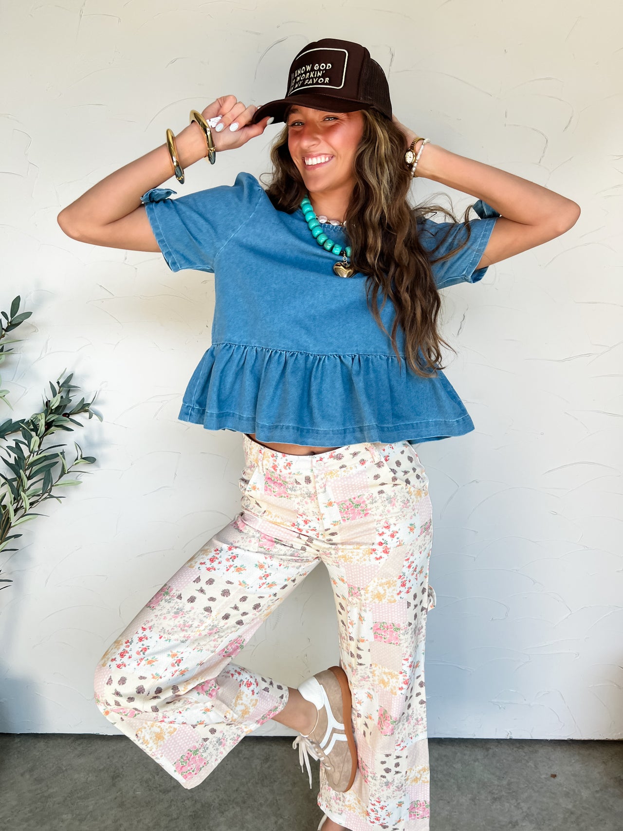 Wish You Were Here Denim Bow Peplum Top