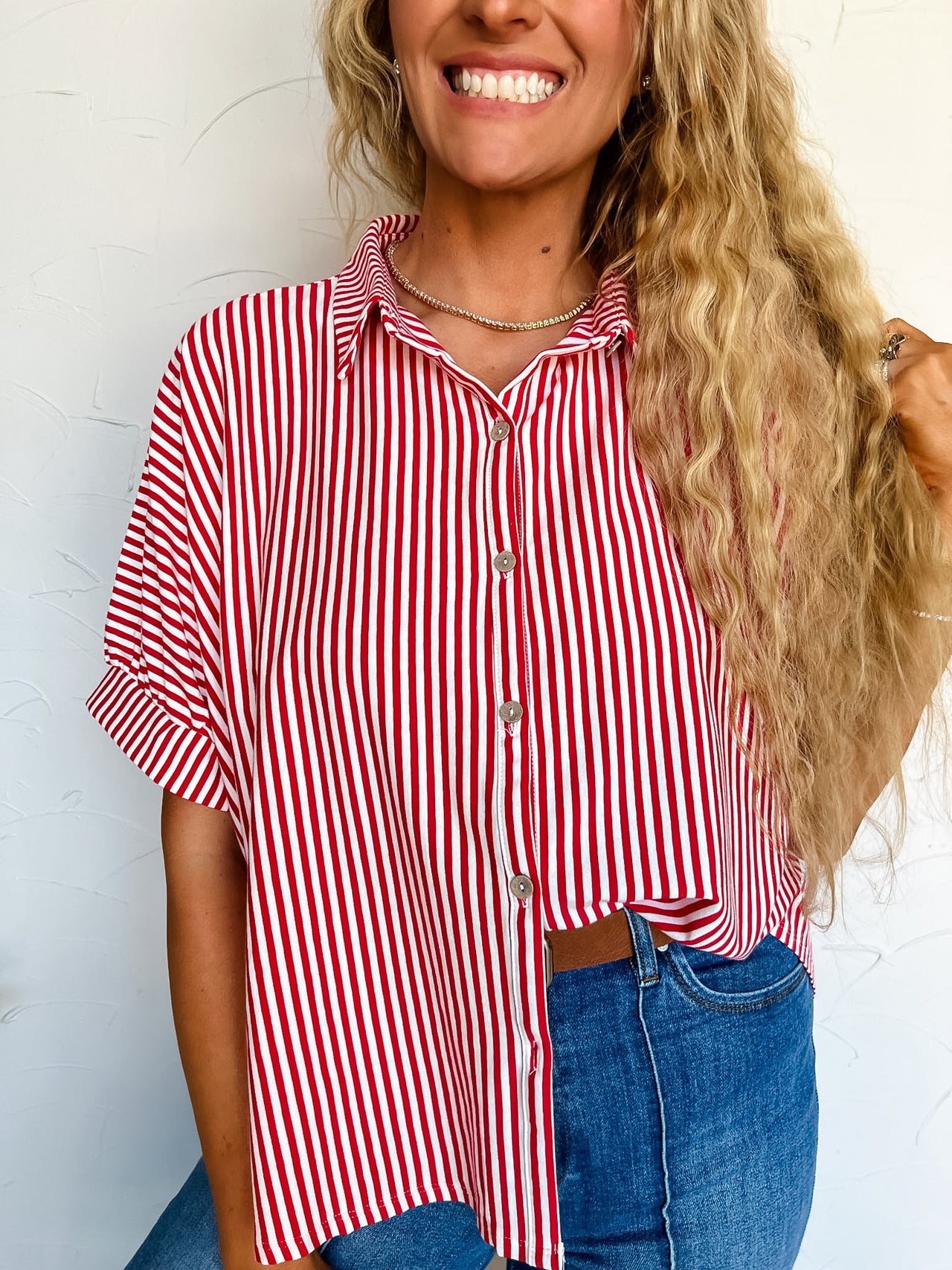 Chance It Together Oversized Stripe Shirt- Ruby