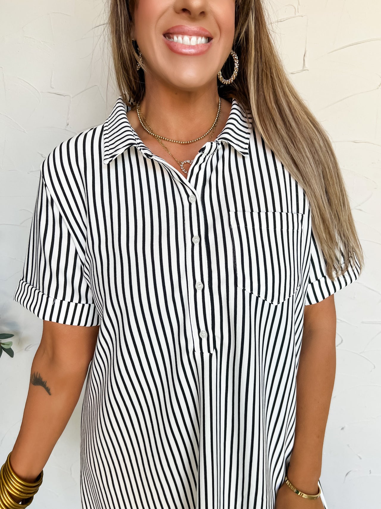 Down Memory Lane Stripe Button Up Shirt Dress- Black