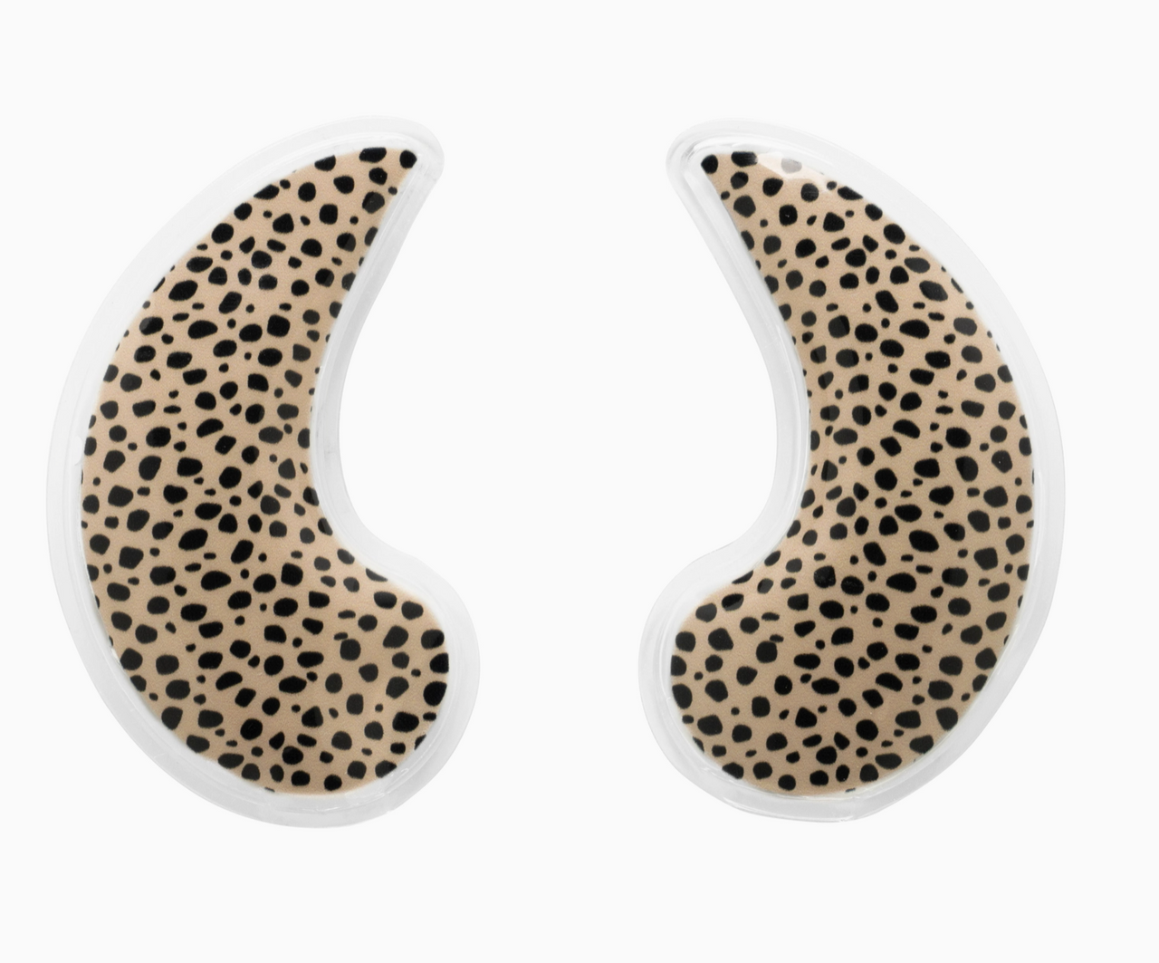 A pair of crescent-shaped adhesive ear plugs with a black leopard print pattern on a beige background, outlined in white.