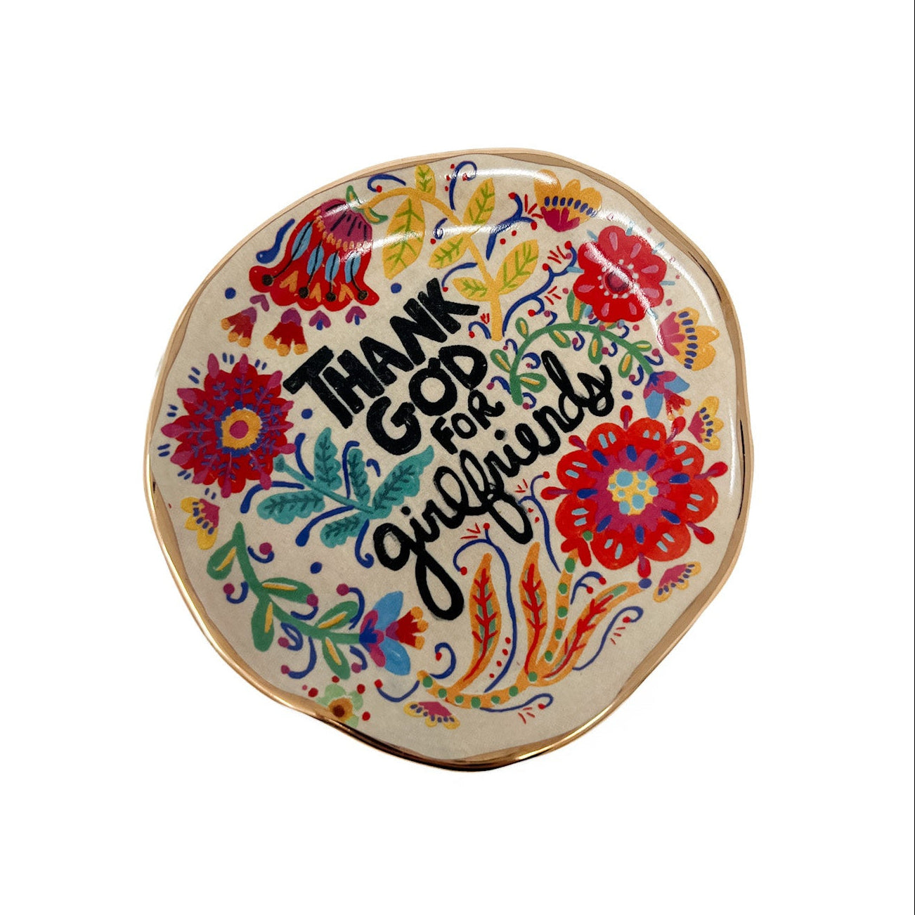 Decorative plate with colorful floral designs and text on a white background