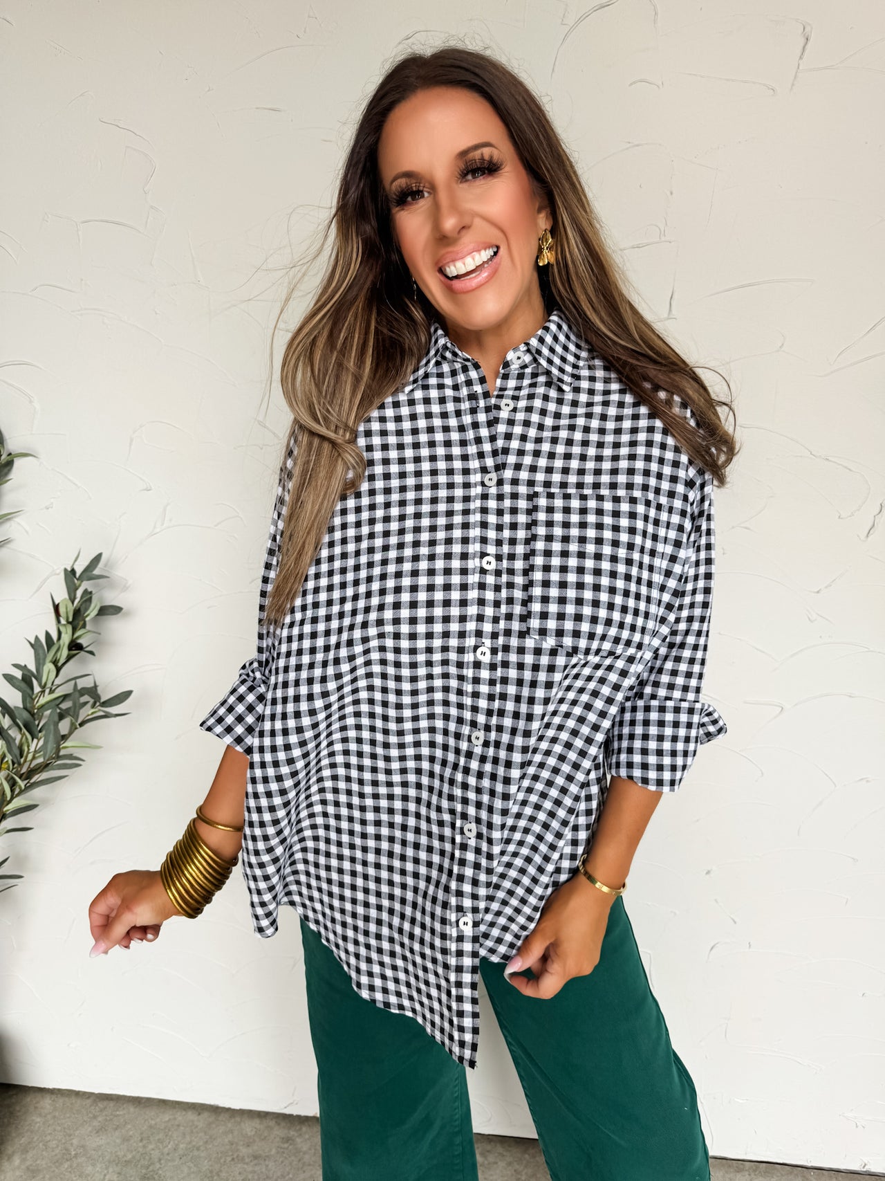 Suddenly Fine Black Oversized Gingham Button Down Shirt