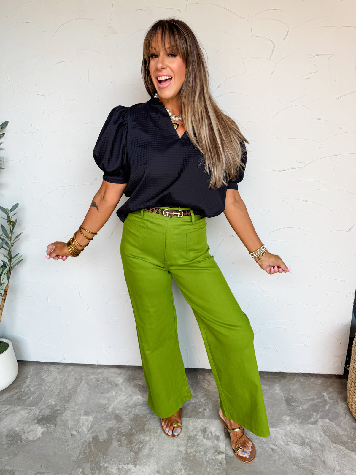 Just Around The Corner Puff Sleeve V Neck Top- Black