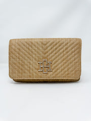 Beige textured clutch bag with a logo on a white background