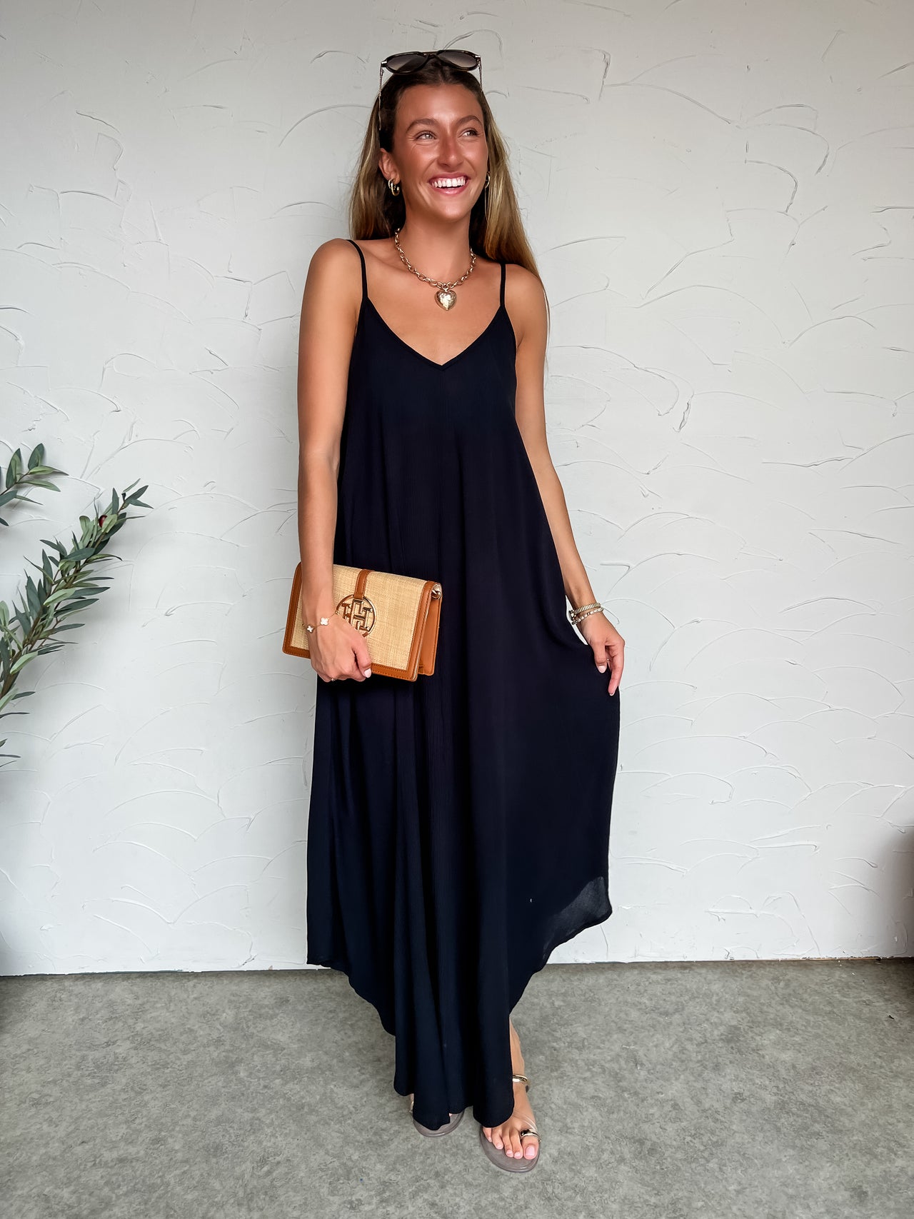 beachside maxi dress Beauty Luxe Boutique line silhouette Cotton blend material Elastic waist Ruffled maxi dress Sleeveless Stay Beachside Cami Maxi Dress-