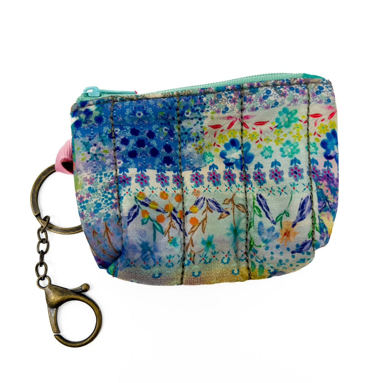 Blue Watercolor Patchwork Puffy Coin Purse Key Clip